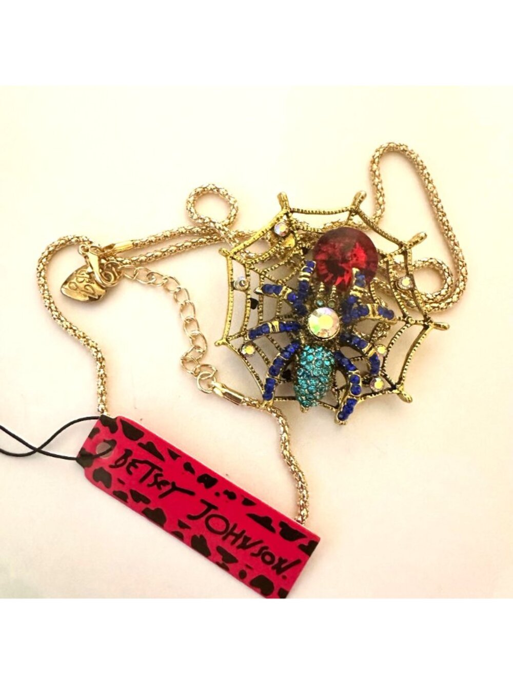 Betsey Johnson Necklace Blue Crystal Spider Web Pendant Gold Tone - Picture 3 of 3